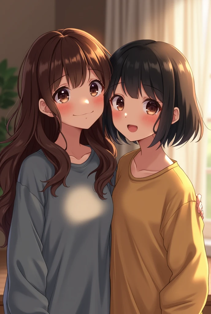 a girl with bangs and long brown hair wearing a wats sweatshirt and another with bangs and black hair friends