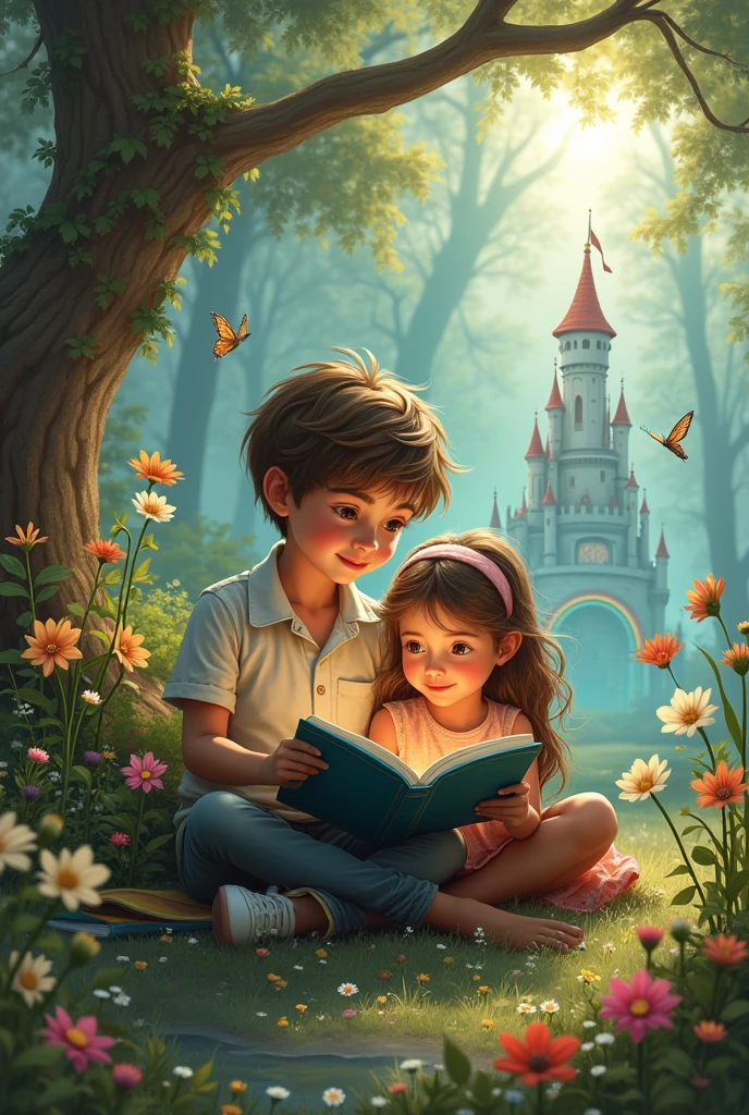 a boy with a girl reading a story rainbow castle butterfly toad a wolf flowers magic world