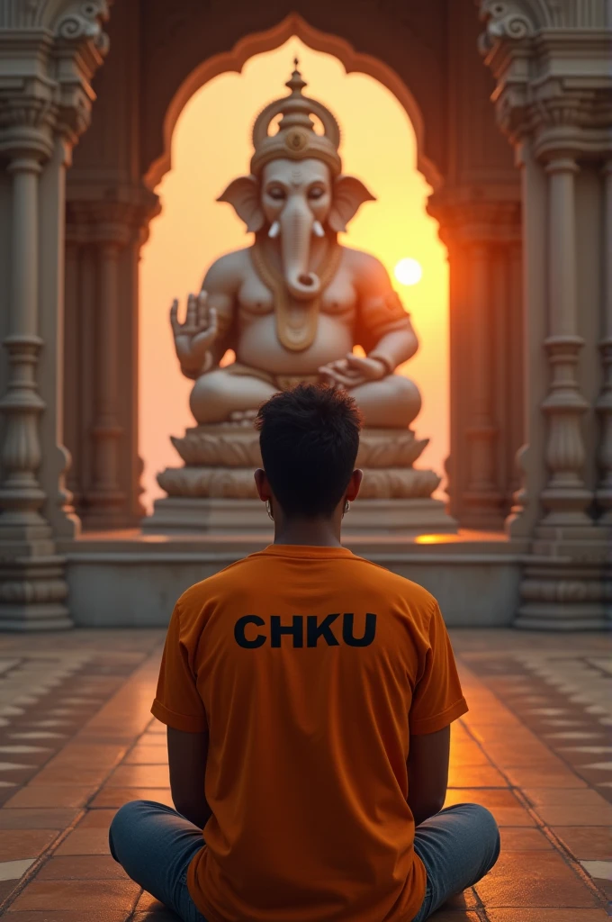 create realistic high quality image where a 25 year old Indian boy sitting & praying ahead to Ganesh ji, boy wearing saffron t-shirts on which name "CHIKU" is written boldly, beautiful background, sunrise, devotional atmosphere,Traditional temple, make sure name should be visible & correct.