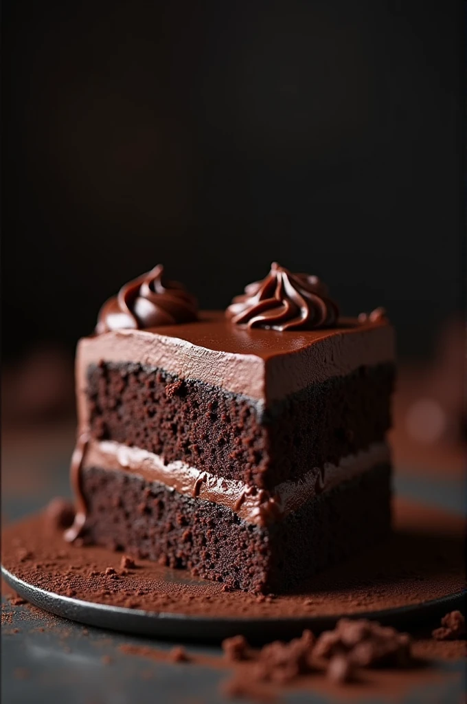 cinematic film still chocolate, chocolate cake, dark background, quality photo, moist texture, frosting, studio photo, slice . shallow depth of field, vignette, highly detailed, high budget, bokeh, cinemascope, moody, epic, gorgeous, film grain, grainy