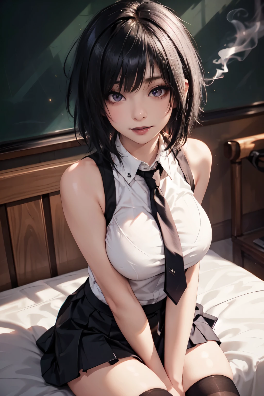 emo_hairstyle, black lipstick, smocky eyes, necktie, eyeliner, eye shadow, realistic lighting, short hair, shiny skin, thighhighs. big breast, seductive look, seductive smile, Shiny skin, school uniform, college, white turtleneck shirt, short skirt. Sleeveless