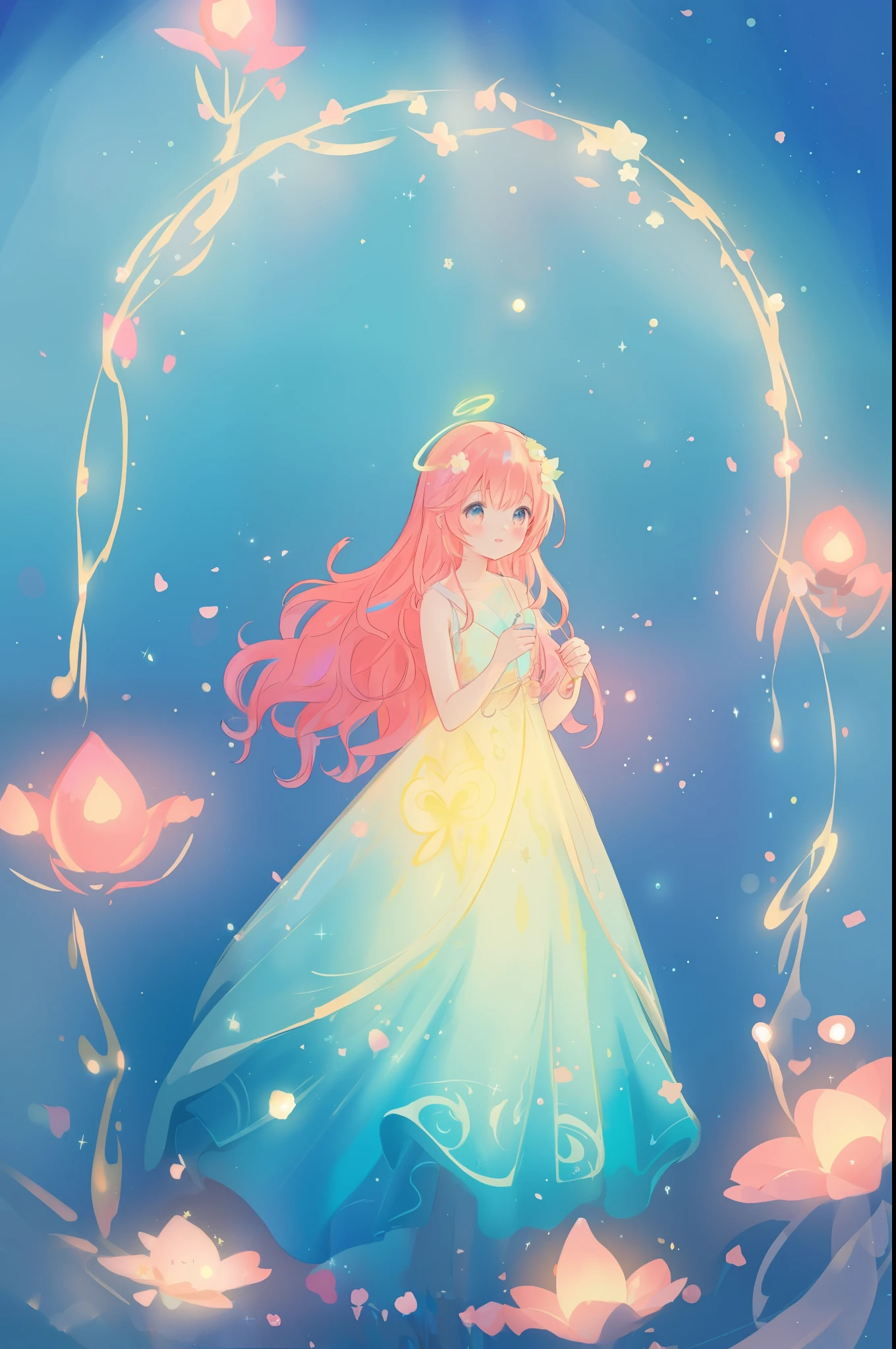 beautiful anime girl in flowing layered ballgown, vibrant pastel colors, (colorful), magical lights, magical flowers, flowers, glowing lights, red pink long wavy hair, sparkling lines of light, inspired by Glen Keane, inspired by Lois van Baarle, disney art style, by Lois van Baarle, glowing aura around her, by Glen Keane, jen bartel, glowing lights! digital painting, flowing glowing hair, glowing flowing hair, beautiful digital illustration, fantasia background, whimsical, magical, fantasy, beautiful face, ((masterpiece, best quality)), intricate details, highly detailed, sharp focus, 8k resolution, sparkling detailed eyes, liquid watercolor