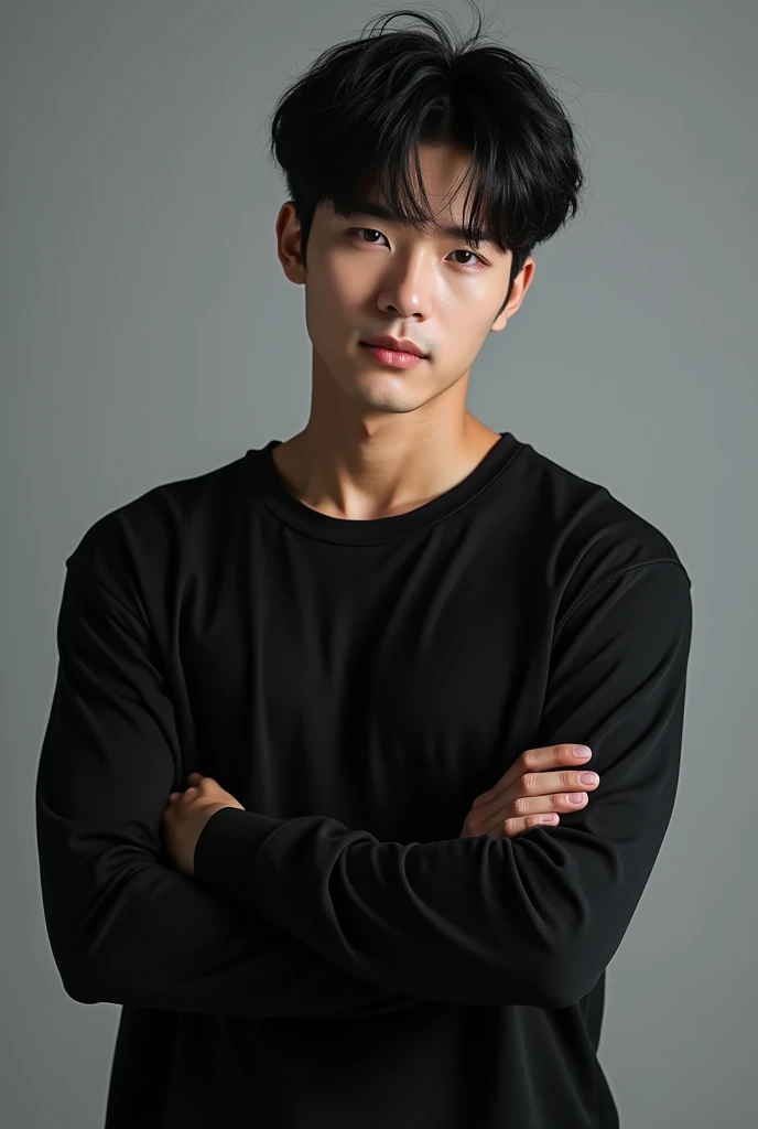 create a perfect realistic young Korean man, with black hair hair style, tall and strong, muscular and in black clothes, look like Korean actor Song Kang