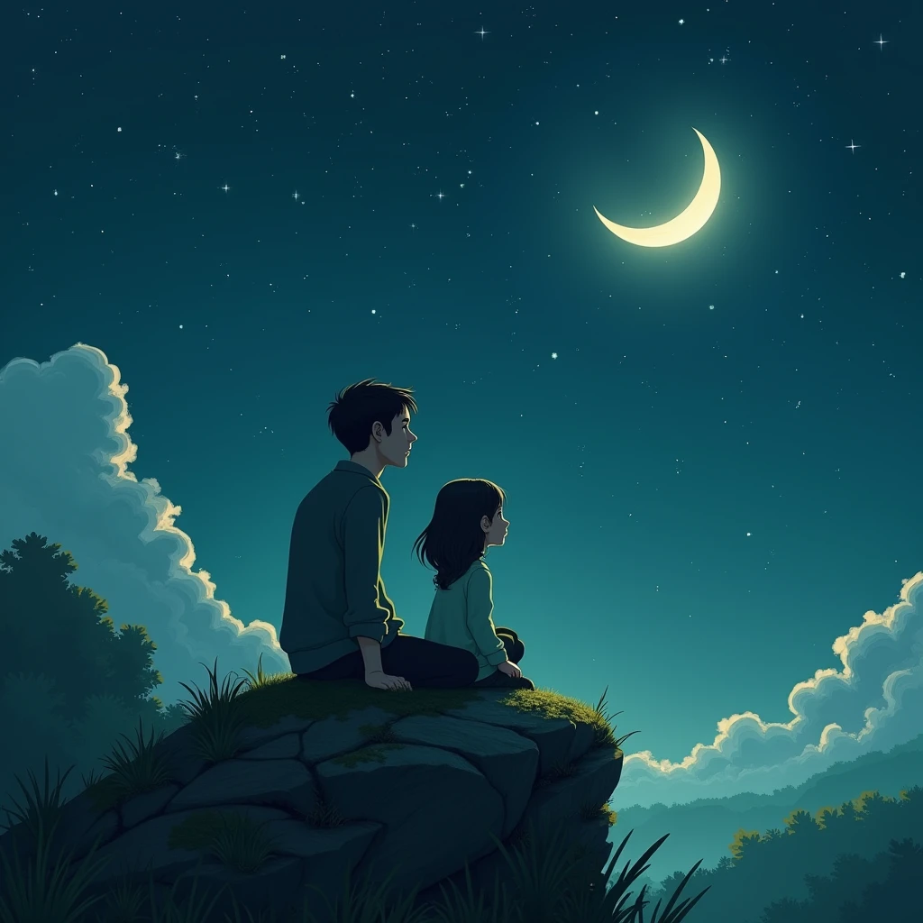 An animation of a man and a girl sitting on a rock looking at the crescent moon and stars without their faces being seen