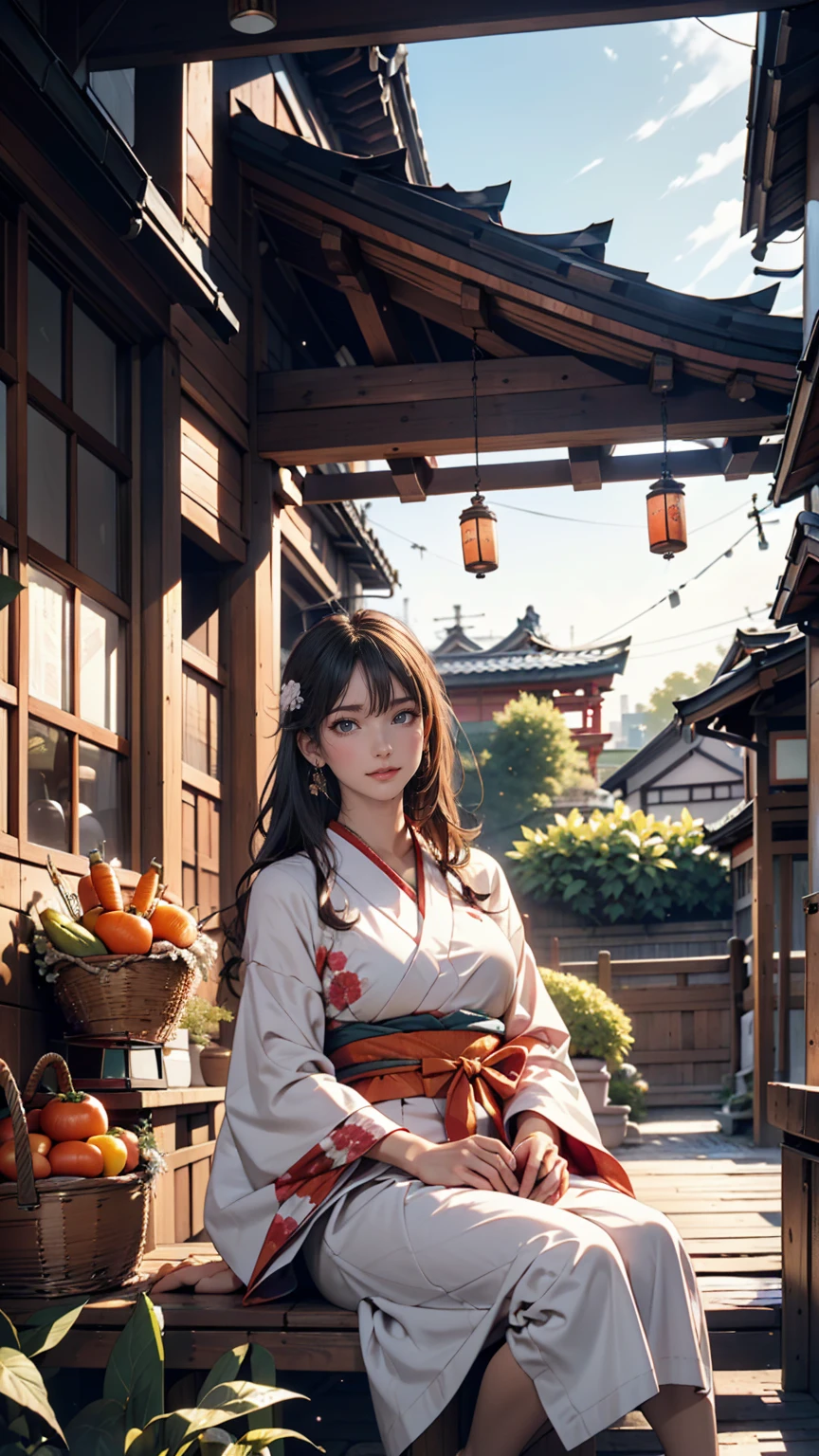 ((最high quality, 8k, masterpiece: 1.3, Ultra HD, high quality, 最high quality, High resolution, realism)) 、A stunningly beautiful 22-year-old Japanese woman、Hair color is black、black eye、Medium Hair、Straight hair、smile、Sitting on the veranda of a Japanese house in rural Japan、summer、Wind chimes are hanging from the eaves.、barefoot、Woven rattan hand basket（Carrots and tomatoes、Cucumber goes in)、In front of the veranda is a courtyard.、There is a well with a hand pump in the courtyard..、Wear a yukata、Upstyle your hair