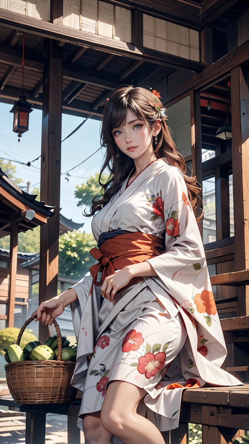 ((最high quality, 8k, masterpiece: 1.3, Ultra HD, high quality, 最high quality, High resolution, realism)) 、A stunningly beautiful 22-year-old Japanese woman、Hair color is black、black eye、Medium Hair、Straight hair、smile、Sitting on the veranda of a Japanese house in rural Japan、summer、Wind chimes are hanging from the eaves.、barefoot、Woven rattan hand basket(Carrots and tomatoes、Cucumber goes in)、In front of the veranda is a courtyard.、There is a well with a hand pump in the courtyard..、Wear a yukata、Upstyle your hair