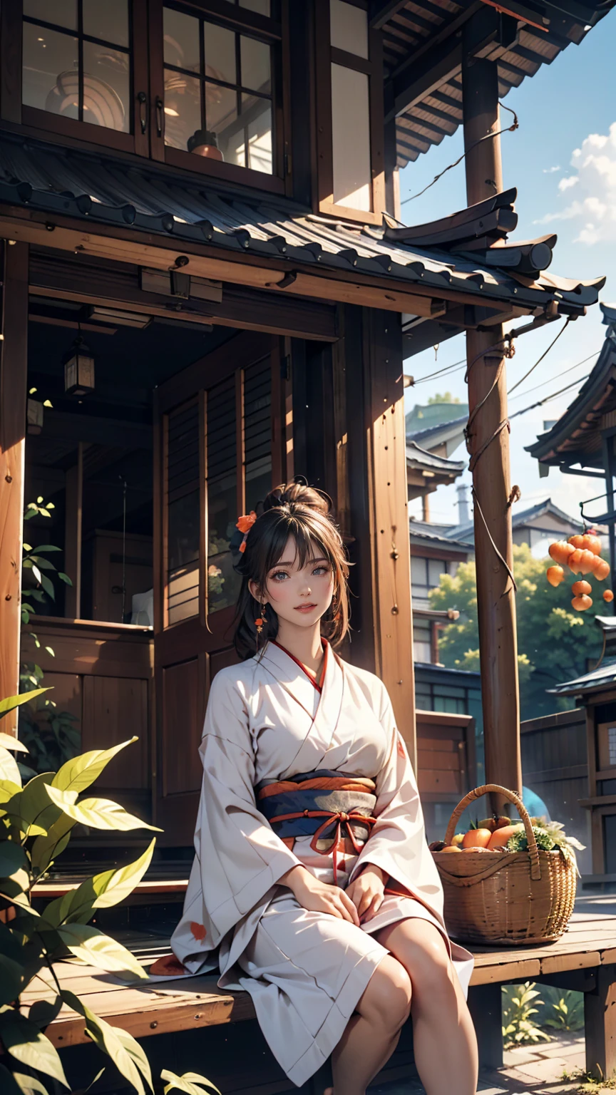 ((最high quality, 8k, masterpiece: 1.3, Ultra HD, high quality, 最high quality, High resolution, realism)) 、A stunningly beautiful 22-year-old Japanese woman、Hair color is black、black eye、Medium Hair、Straight hair、smile、Sitting on the veranda of a Japanese house in rural Japan、summer、Wind chimes are hanging from the eaves.、barefoot、Woven rattan hand basket（Carrots and tomatoes、Cucumber goes in)、In front of the veranda is a courtyard.、There is a well with a hand pump in the courtyard..、Wear a yukata、Upstyle your hair