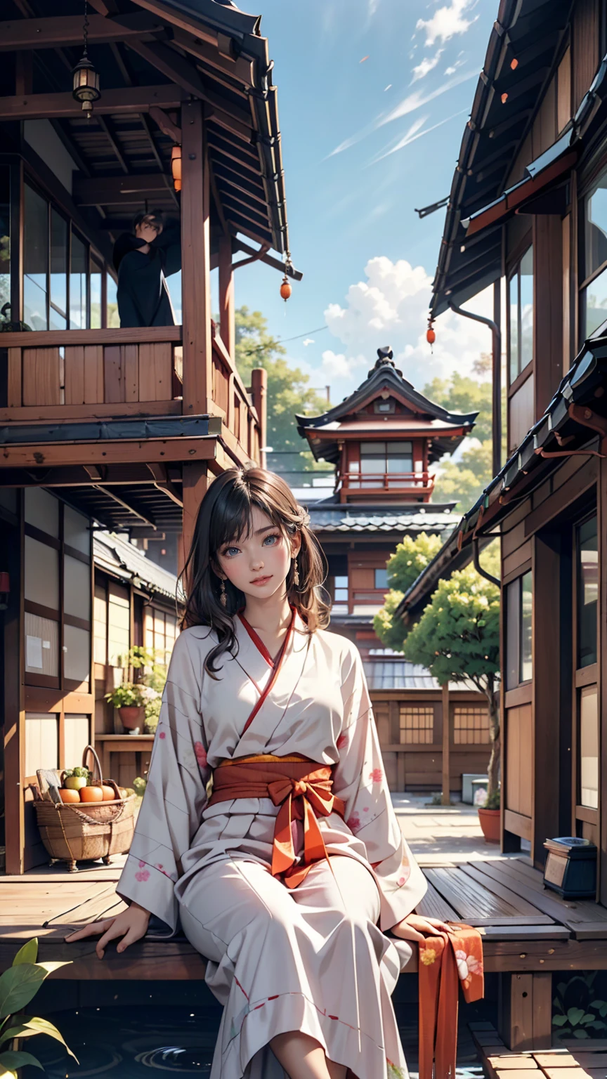 ((最high quality, 8k, masterpiece: 1.3, Ultra HD, high quality, 最high quality, High resolution, realism)) 、A stunningly beautiful 22-year-old Japanese woman、Hair color is black、black eye、Medium Hair、Straight hair、smile、Sitting on the veranda of a Japanese house in rural Japan、summer、Wind chimes are hanging from the eaves.、barefoot、Woven rattan hand basket（Carrots and tomatoes、Cucumber goes in)、In front of the veranda is a courtyard.、There is a well with a hand pump in the courtyard..、Wear a yukata、Upstyle your hair