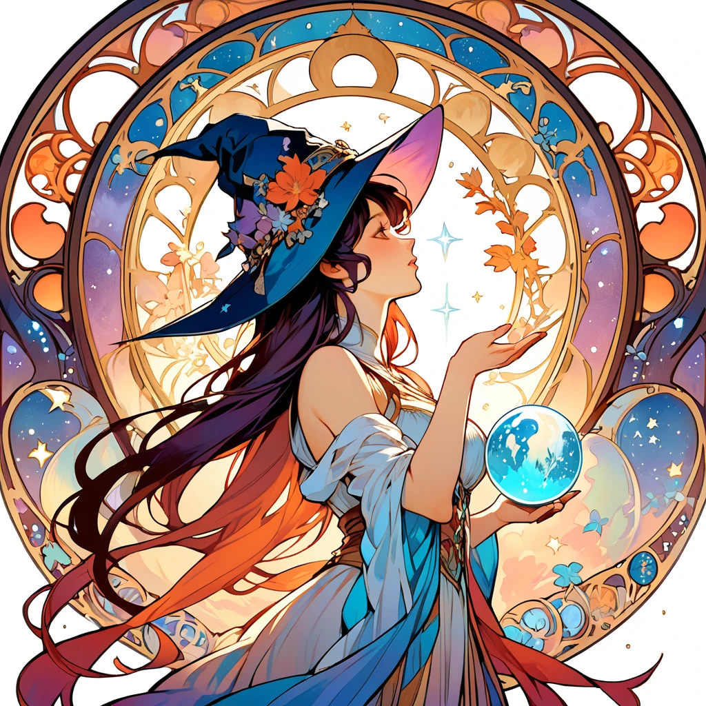 ((Alphonse Mucha's Art Style)), (From the side), Hold a moon the size of a crystal ball in both hands,8-head beauty kisses, sheこの月に恋をしている, 月はsheの信仰を受け入れたのか?, Gives off a wonderful shine, she,yes,Thessalian Witch