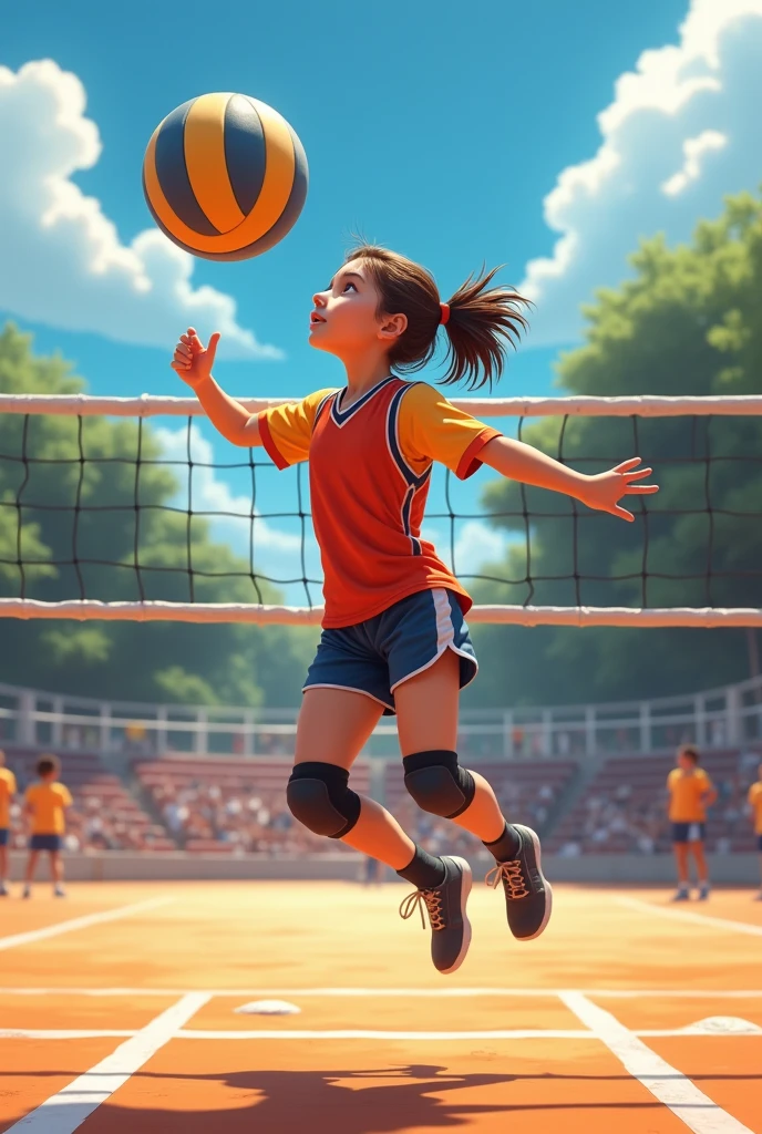 10 year old girl playing volleyball with knee pads. Realistic 8k image