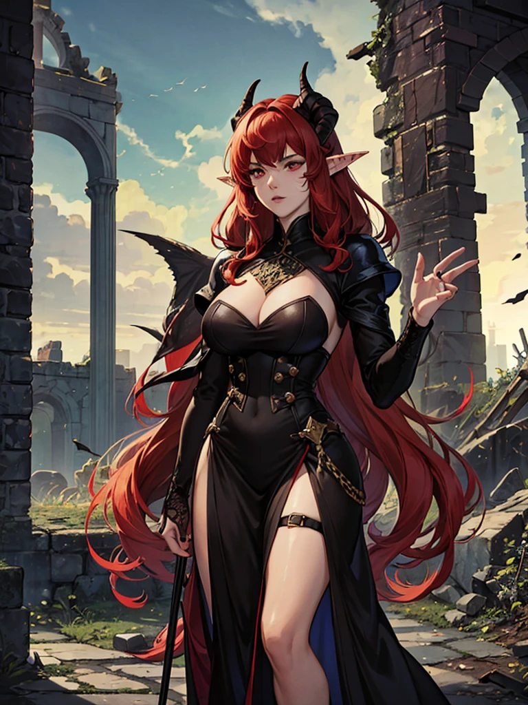 (masterpiece, high quality, highly detailed)
A beautiful demon woman, in her 30s, with goat-like horns. She has long, flowing red hair and piercing red eyes, with fair skin and pointed elf-like ears. Her body is beautifully curved. She stands in the midst of a crumbling castle, the aftermath of a fierce battle visible around her. Her face shows signs of fatigue, and she has various injuries on her body. She wears revealing medieval-style clothing, primarily in black, that accentuates her curves. The woman stands with her arms open in a dramatic or heroic pose, reminiscent of Homelander from The Boys. The background features the ruins of the castle, with debris and broken walls, adding a dramatic and melancholic atmosphere to the scene. The lighting is dramatic with dark tones, and the sky appears to be at twilight or dawn.