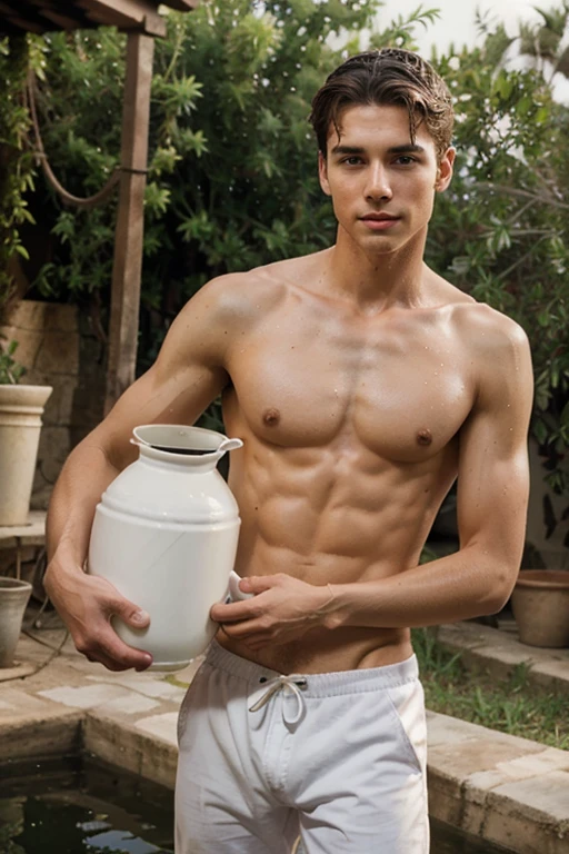Young handsome cute white skin smooth skinny beautiful face shirtless carrying water from an artecian well to a jug crafts