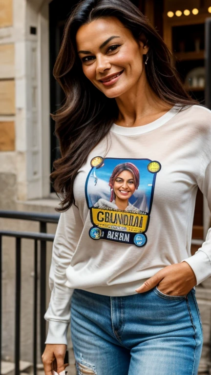 Maria Grazia Cucinotta wearing sticker clothes and smiling