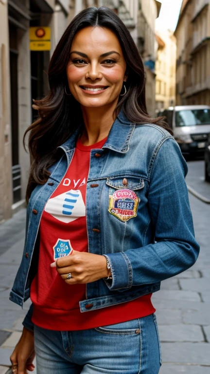Maria Grazia Cucinotta wearing sticker clothes and smiling