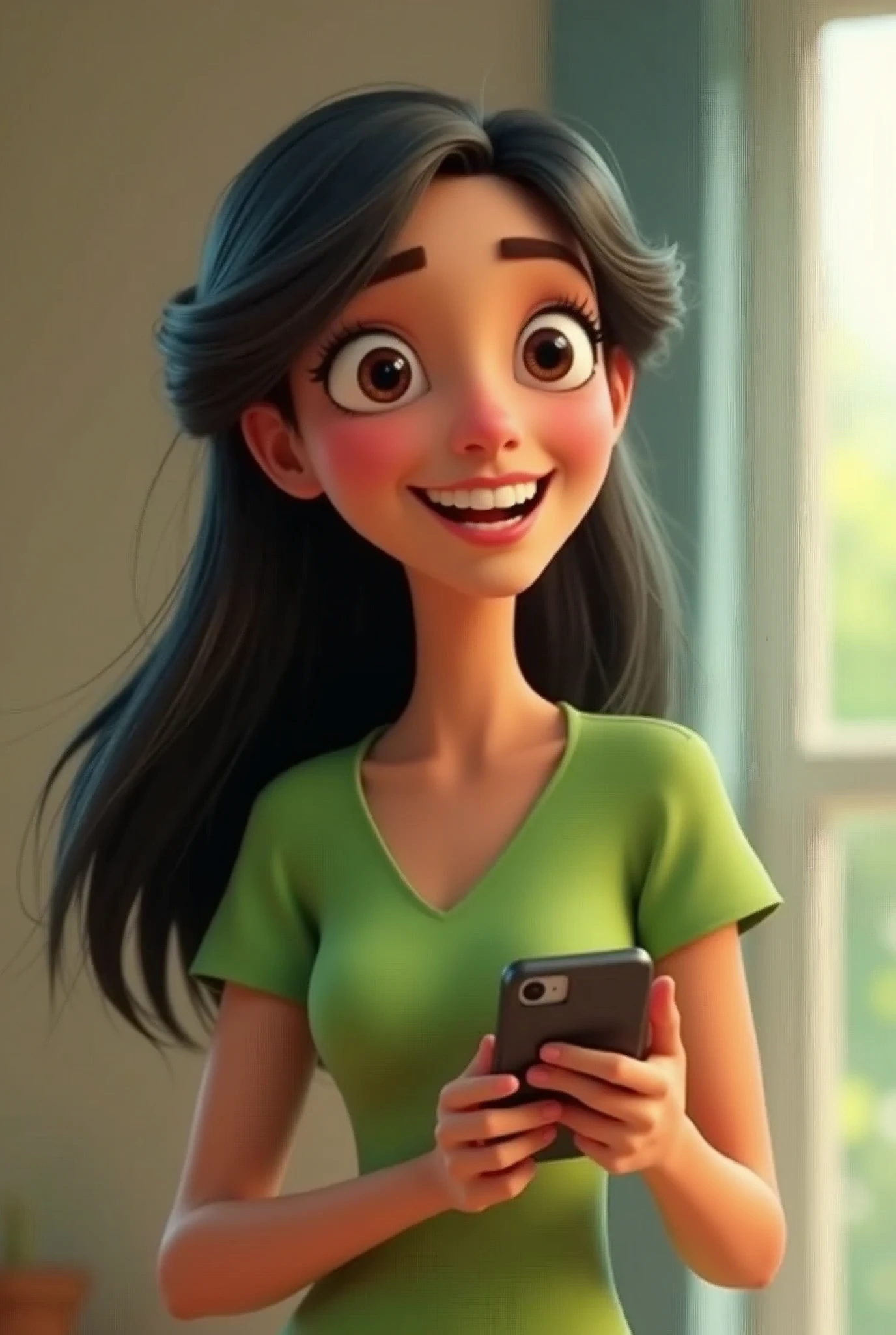 happy woman smiling, holding only a cell phone,with a green short-sleeved shirt,with long black hair ,Pixar Disney artwork, 3d