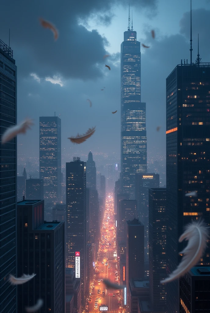 [Core Concept] A vibrant, bustling city skyline at night, with towering skyscrapers and a cloudy, moody atmosphere.

[Character Description] The scene is devoid of human figures, but the presence of delicate white feathers drifting through the air adds a sense of mystery and ethereal beauty.

[Environment/Background] The high-rise buildings stretch towards the heavens, their lit windows and facades casting a warm glow against the inky, cloud-covered sky.

[Style and Atmosphere] The overall mood is one of tranquility and wonder, a peaceful respite from the bustling activity below, with the falling feathers creating a serene, almost magical ambiance.

[Composition] The cityscape is framed by the sweeping, cloud-filled sky, drawing the viewer's eye upwards towards the captivating, feather-filled scene above the urban landscape.

[Details and Embellishments] The delicate, pristine white feathers float gracefully, creating a mesmerizing visual dance against the moody, shadowy backdrop of the city.

[Technical Specifications] The image should be rendered with a high level of detail and realism, capturing the interplay of light and shadow, the textural quality of the feathers, and the depth and scale of the cityscape.