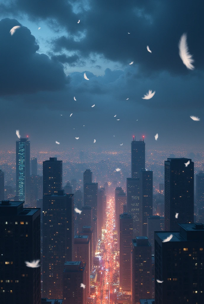 [Core Concept] A vibrant, bustling city skyline at night, with towering skyscrapers and a cloudy, moody atmosphere.

[Character Description] The scene is devoid of human figures, but the presence of delicate white feathers drifting through the air adds a sense of mystery and ethereal beauty.

[Environment/Background] The high-rise buildings stretch towards the heavens, their lit windows and facades casting a warm glow against the inky, cloud-covered sky.

[Style and Atmosphere] The overall mood is one of tranquility and wonder, a peaceful respite from the bustling activity below, with the falling feathers creating a serene, almost magical ambiance.

[Composition] The cityscape is framed by the sweeping, cloud-filled sky, drawing the viewer's eye upwards towards the captivating, feather-filled scene above the urban landscape.

[Details and Embellishments] The delicate, pristine white feathers float gracefully, creating a mesmerizing visual dance against the moody, shadowy backdrop of the city.

[Technical Specifications] The image should be rendered with a high level of detail and realism, capturing the interplay of light and shadow, the textural quality of the feathers, and the depth and scale of the cityscape.