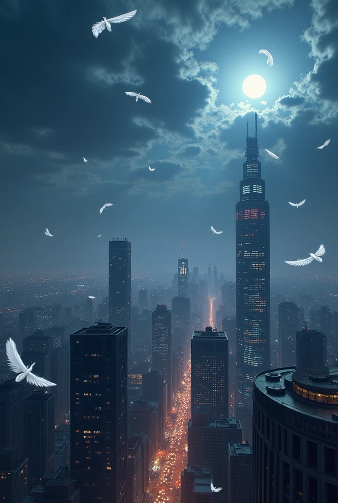 [Core Concept] A vibrant, bustling city skyline at night, with towering skyscrapers and a cloudy, moody atmosphere.

[Character Description] The scene is devoid of human figures, but the presence of delicate white feathers drifting through the air adds a sense of mystery and ethereal beauty.

[Environment/Background] The high-rise buildings stretch towards the heavens, their lit windows and facades casting a warm glow against the inky, cloud-covered sky.

[Style and Atmosphere] The overall mood is one of tranquility and wonder, a peaceful respite from the bustling activity below, with the falling feathers creating a serene, almost magical ambiance.

[Composition] The cityscape is framed by the sweeping, cloud-filled sky, drawing the viewer's eye upwards towards the captivating, feather-filled scene above the urban landscape.

[Details and Embellishments] The delicate, pristine white feathers float gracefully, creating a mesmerizing visual dance against the moody, shadowy backdrop of the city.

[Technical Specifications] The image should be rendered with a high level of detail and realism, capturing the interplay of light and shadow, the textural quality of the feathers, and the depth and scale of the cityscape.