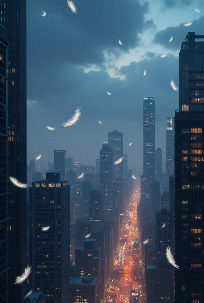 [Core Concept] A vibrant, bustling city skyline at night, with towering skyscrapers and a cloudy, moody atmosphere.

[Character Description] The scene is devoid of human figures, but the presence of delicate white feathers drifting through the air adds a sense of mystery and ethereal beauty.

[Environment/Background] The high-rise buildings stretch towards the heavens, their lit windows and facades casting a warm glow against the inky, cloud-covered sky.

[Style and Atmosphere] The overall mood is one of tranquility and wonder, a peaceful respite from the bustling activity below, with the falling feathers creating a serene, almost magical ambiance.

[Composition] The cityscape is framed by the sweeping, cloud-filled sky, drawing the viewer's eye upwards towards the captivating, feather-filled scene above the urban landscape.

[Details and Embellishments] The delicate, pristine white feathers float gracefully, creating a mesmerizing visual dance against the moody, shadowy backdrop of the city.

[Technical Specifications] The image should be rendered with a high level of detail and realism, capturing the interplay of light and shadow, the textural quality of the feathers, and the depth and scale of the cityscape.