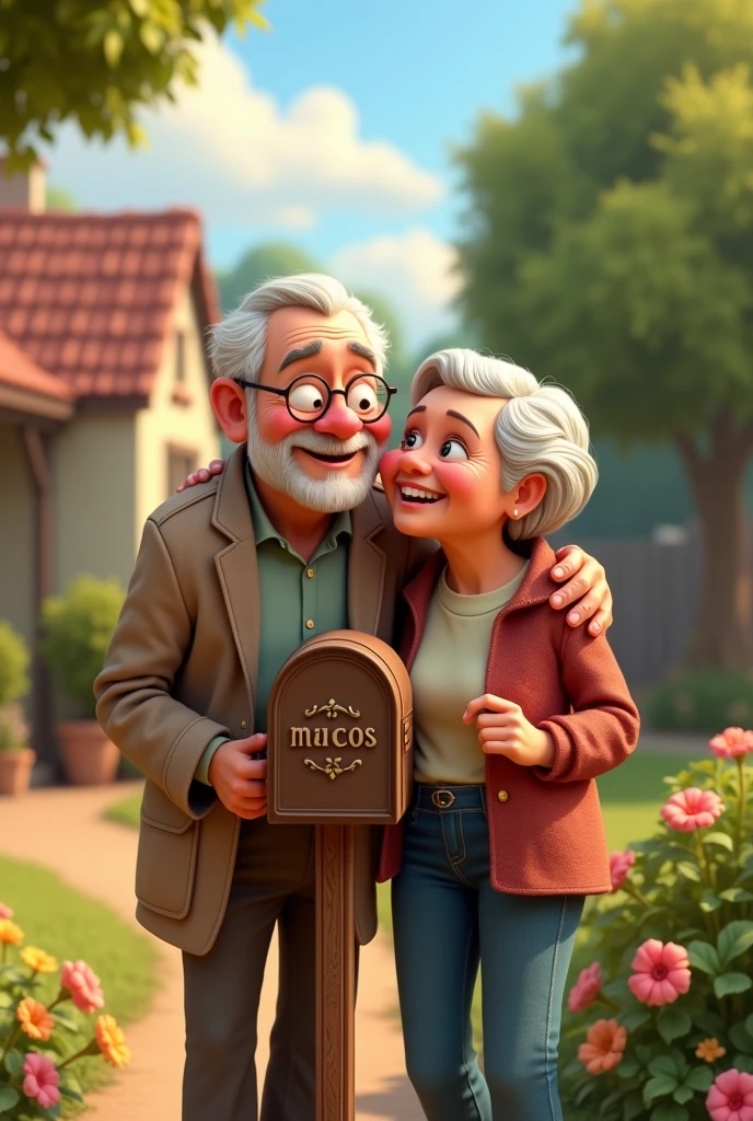A cartoon-like image from Pixar with an elderly couple, both leaning on a mailbox that has Karen and Marcos written on it , They stare at each other with much love, and in the background you can see a house with a garden