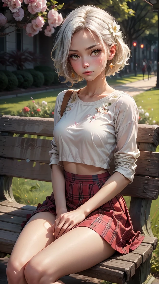 

"A realistic image of a young girl, around 20 years, sitting on a park bench. She has short silvery white hair, with a delicate flower attached, striking yellow eyes. She has a serious expression. The woman is wearing a white top and a red plaid skirt, combined with black thigh-high socks. The background features a vibrant and lively park, full of flowers in bloom and people moving in the distance, under the golden light of dusk. The general atmosphere is serene, but busy."