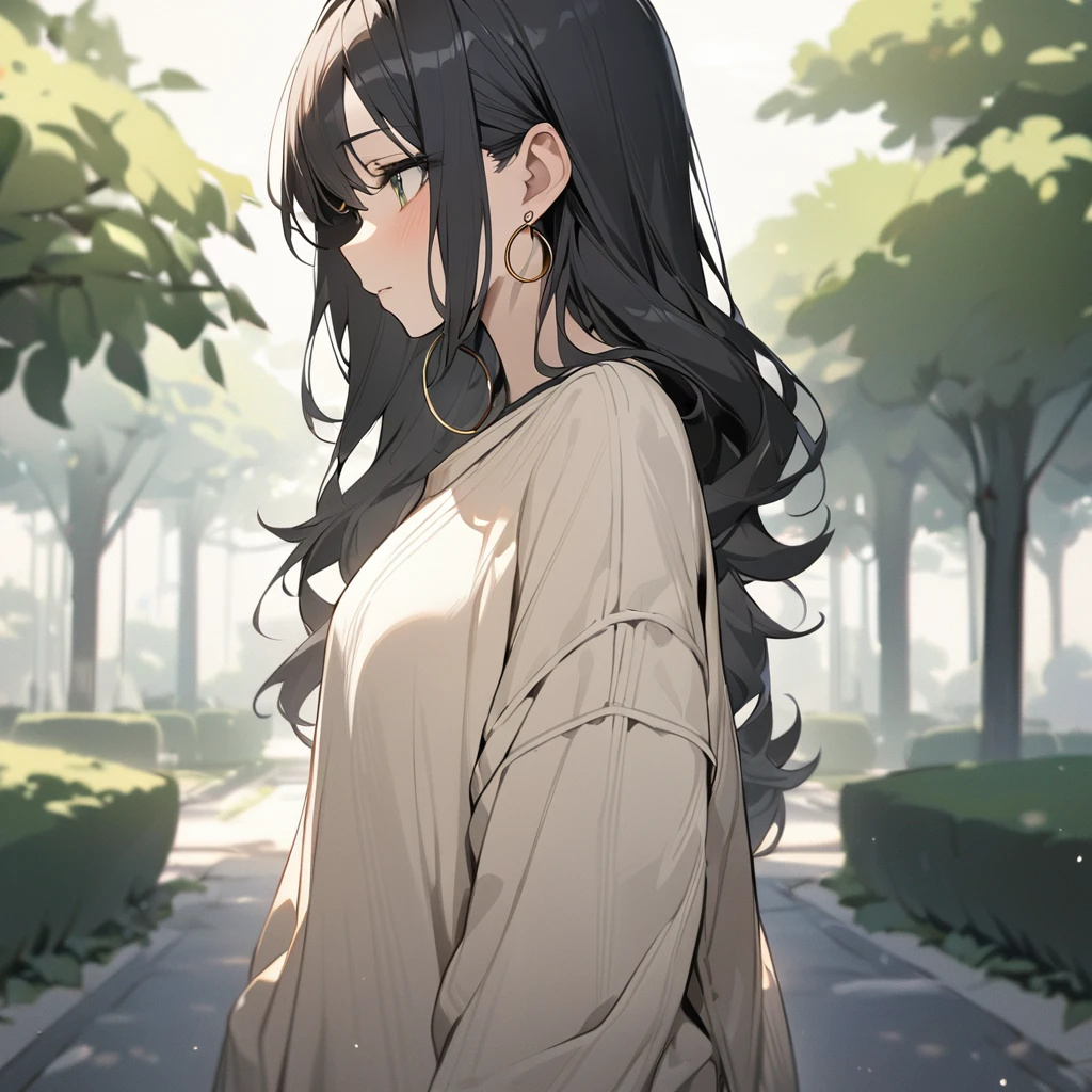 (masterpiece:1.2, best quality), 1. Ms., Solitary, Upper Body, Big , Dark Wash Skinny Jeans, Oversized sweaters, Ankle boots, Loose Waves, Center, Simple hoop earrings, Green Park
