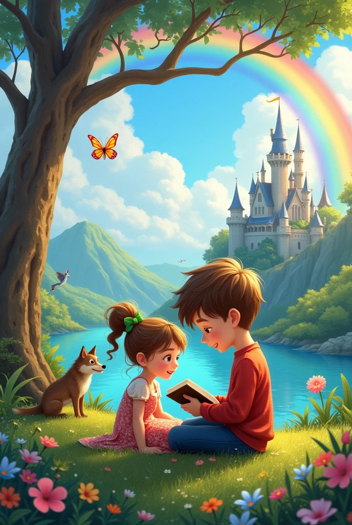 a boy with a girl reading a story, a rainbow, a castle, a butterfly, a wolf, flowers, a magical world, a lagoon, a toad