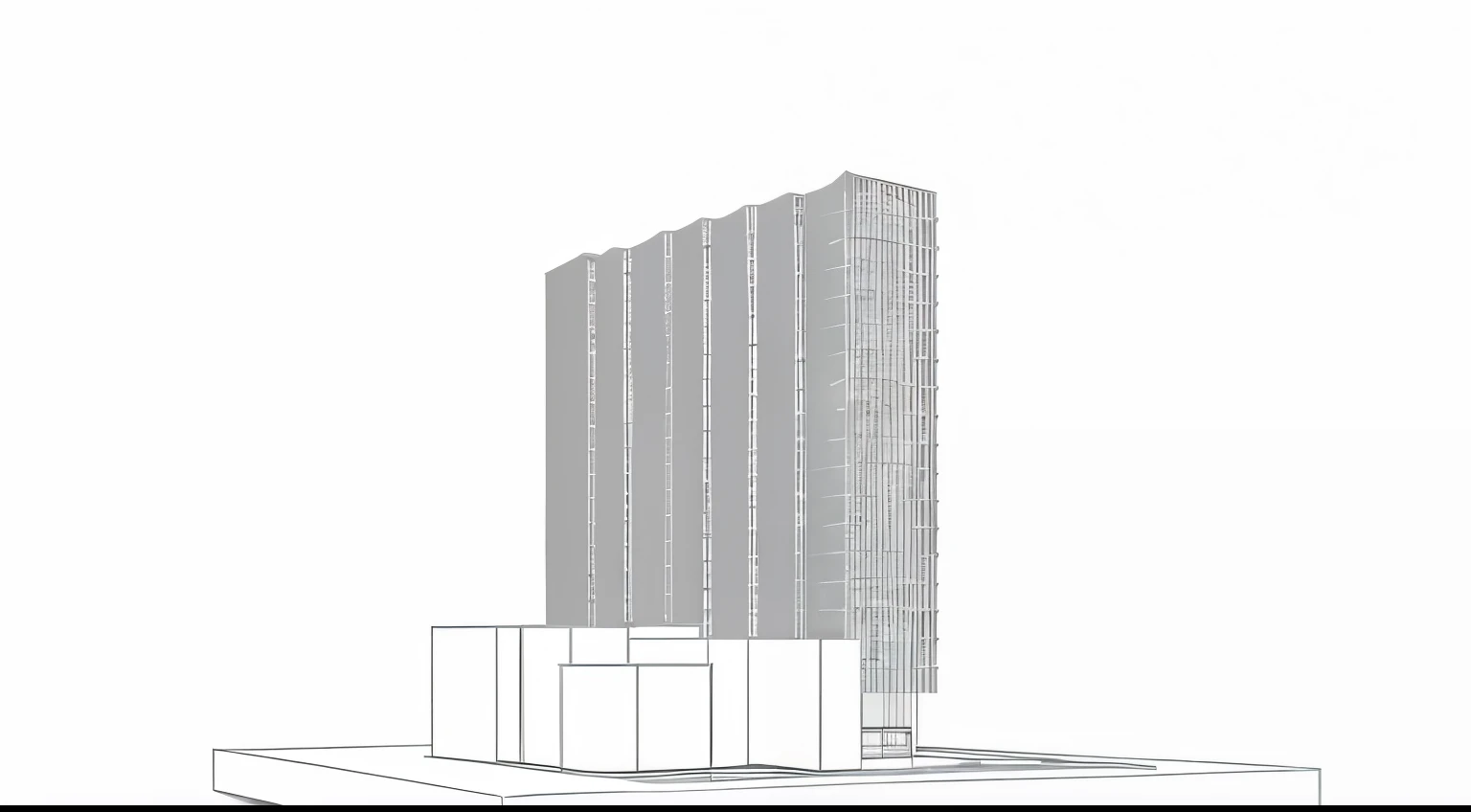 high-rise office building with vertical constructional line and glass curtain wall, Japanese high-rise building style , with green plant around and the lower blocks are shopping mall area, modern architecture ,4k, high resolution, fresh lawn,
