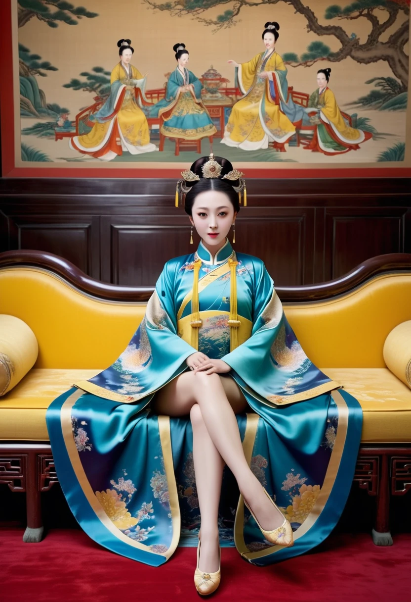 A gorgeous empress from the Chinese imperial court during the Qing Dynasty. A large yellow sofa with the empress naked and with her legs spread. A gorgeous empress from the Chinese imperial court with her hair tied on both sides. She is wearing a crown.、The background where she is tying her hair is、A luxurious palace for an empress in the Chinese imperial court during the Qing Dynasty