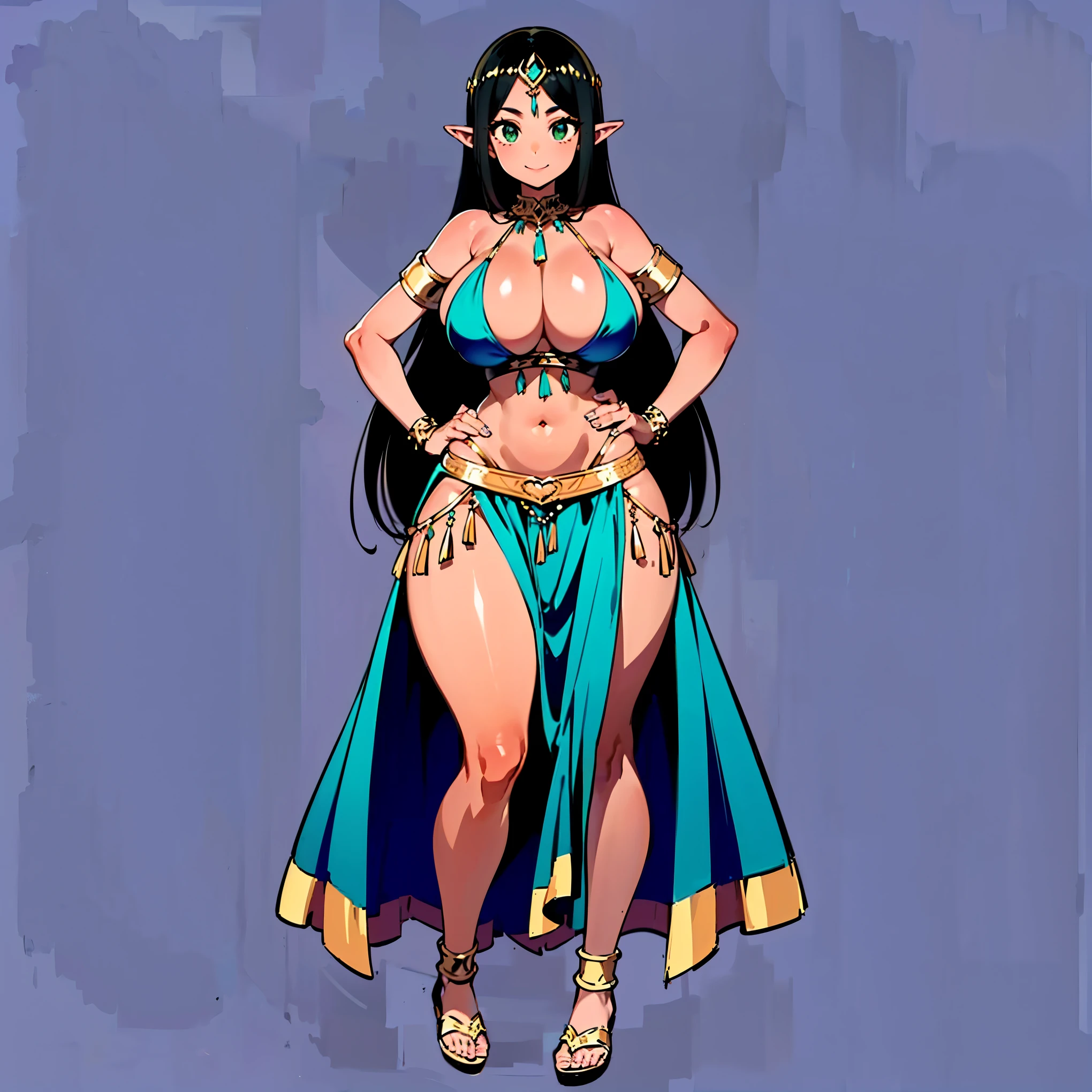 1woman, long black hair, green eyes, pointy ears, big breasts, wide hips, thick tighs, narrow waist, (tanned skin), belly dancer costume, split skirt, smile, ((hands on hips)), ((full body)), ((solo)), ((best quality)), ((masterpiece)), portrait, looking at the viewer, from the front, simple background, ((detailed)), ((perfect anatomy)), ((detailed art)), ((high definition)), ((4k)), ((high resolution))