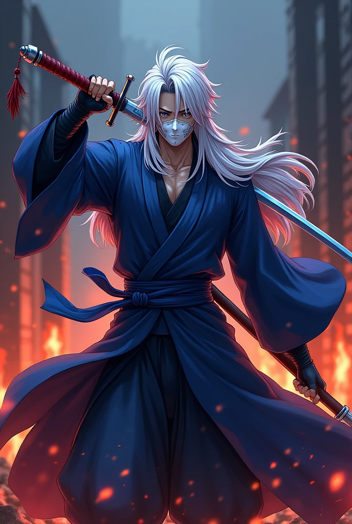 Kenja Ashura a handsome fighter with a Souji Okita style quiff, long white and red hair, blue styles of the Kaju number 8 suit with blue eyes, sad and greasy personality colored shoes with a blue katana version of Kenja Ashura that looks bad and dangerous with a background of a burning building with a smile and a white mask