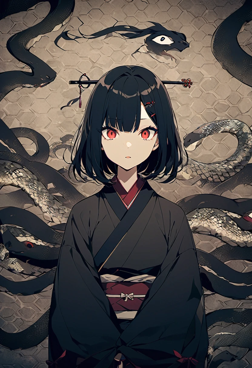 Japanese、woman、Long black hair、Japanese style anime touch、Hairpin、snake background、Scary atmosphere、mysterious