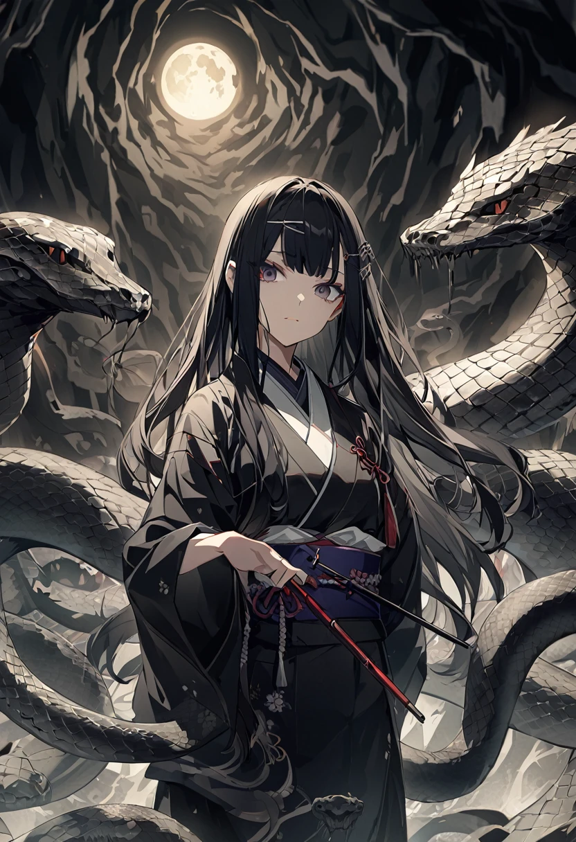 Japanese、woman、Long black hair、Japanese style anime touch、Hairpin、snake background、Scary atmosphere、mysterious