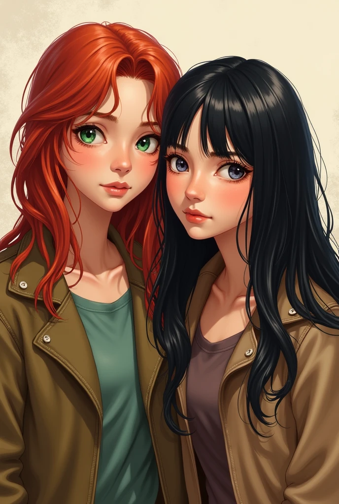 Make a redhead teenager with green eyes next to a black-haired teenager, with long hair both
