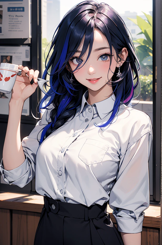 Very detailed, Absurd, Ultra-high resolution, Very detailed, Highest quality,
One girl, alone, Nice hands, Perfect hand break, wearing uniform, (Cleavage:-1.5)
Destroying a happy smile, smile, Close mouth and break 45 degrees,
Are standing, Cowboy Shot, Blake Slender looking at viewer, cute, Perfectly symmetrical face, 超cute girl, 超cute face, Very detailed目, Ultra detailed hair, 超cute, Super beautiful break in a coffee shop, Depth of written boundary, Ultra-detailed background BREAK Medium-sized breasts BREAK Rainbow hair, Multiple colored hair, Rainbow Eyes, Fishtail, Hair between the eyes