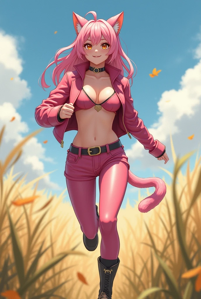 ((Enchanting anime girl:1.3, alone:1.5))、((Teenage Girl:1.2))、((fusion of cat and girl:1.4))、((running:1.3, ))、((Smile:1.3))、Energetic、((Pink, Leather clothing))、((In the grassland:1.3)), Erect nipples、((Open clothes:1.2))、((Crop Top Belly Button:1.2))、((Small breasts))、((No sleeve:1.2))、((Glossy and realistic skin texture))、whole body、masterpiece, Ultra-detailed, 8k, high quality, Best image quality, Digital Illustration, Smooth texture