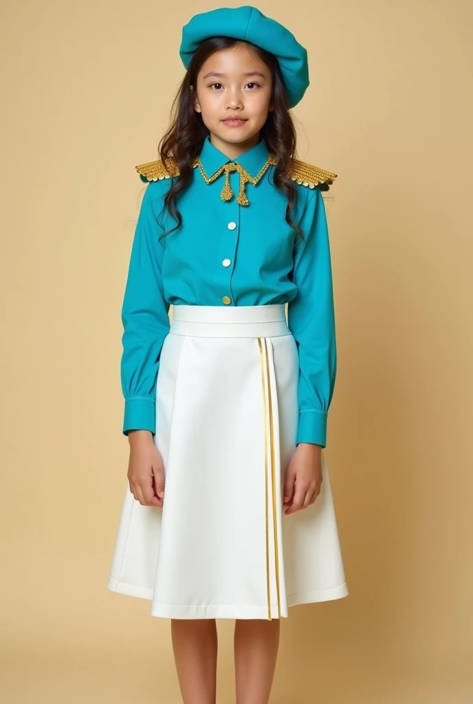 A 15-year-old girl wearing a turquoise blue long-sleeved shirt, White skirt with straight line on the side in gold, Simple golden shoulder pads, gold tie, black shoes and turquoise blue beret