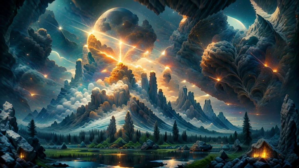 Amazing, 8K, bright gothic temple, Raw Photo, Amazing, Top Quality, Photorealistic and Highly Detailed, CG, High Quality, Highly Detailed, Particle Effects, Dynamic Effects, cinematic lights, flares, raytracing, realistic, ultra HD, fantasy, the wind, the beauty and brilliance of dramatic tall mountains and rich forests, the serenity and beauty of the world's grasslands and vast lands, Lakeside, wonderful scenery, beautiful natural scenery, night, starry sky, constellation, nebula, faint moon, space, gorgeous, view, water, constellation, wonder, fantastic, meteor, magic, best illumination, best shadow