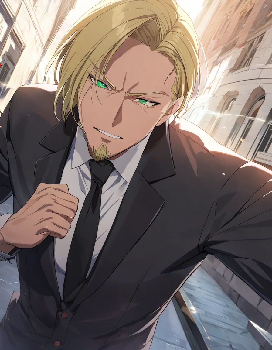 1man, vigorous secret service, chiseled face mature, business hair with asymmetrical bangs, goatee, green platina blond hair, emerald eyes, BREAK 45yo, charming caucasian, veteran, pentagon shaped, facial wrinkles, deep-set, BREAK ideal ratio body proportions, middle weight muscular, beautiful detailed eyes, BREAK solo, funeral black suit, black necktie, white shirt, at wall street, detailed background, fighting stance, BREAK upperlegs, epic scene, dramatic expression, 2010s, retro visual novel, in newest eroge style, dutch angle, BREAK cinematic shadows, cinematic lighting, lens flare, light leaks, texture, absurdres absolutely resolution, extreme all detailed, masterpiece, best quality
