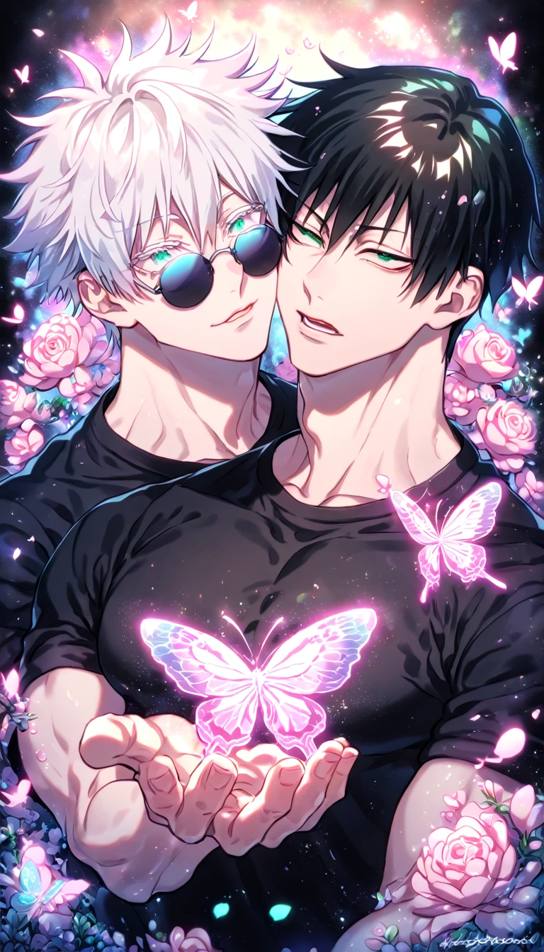 absurdres, highres, ultra detailed, HDR, master piece, best quality, extremely detailed face, delicated features, Fushiguro Touji, straight black hair, expressive green eyes, Jujutsu Kaisen, Gojou Satoru, white hair, expressive blue eyes, white eyelashes, round black sunglasses, two sexy men together, yaoi, gay couple, handsome, manly man, black tight T-shirt, Jujutsu uniform, blossoms, pink flowers, pink butterflies, fantasy, magic, radiant
