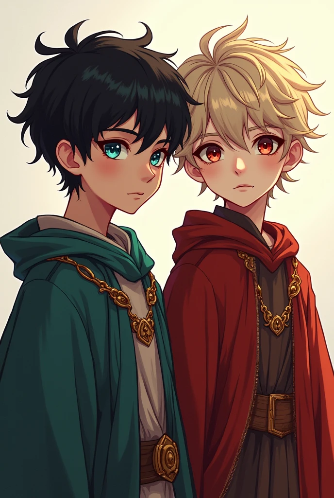 Imagine a book cover with two boys staring straight ahead. The boy on the left has black hair and extremely bright blue eyes., that stand out in contrast with her dark hair. The boy on the right has blond hair, slightly messy, that reflects the light softly his skin is extremely white and his eyes are red like fire he is taller and his face is cold. The background is simple and neutral, maybe with a smooth gradient, to ensure the focus is entirely on the two boys and the moment of connection they share. They are both adults in ancient royal clothing.