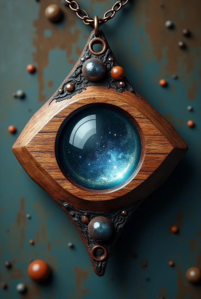 Wooden necklace with an eye-shaped edge and in the center of the eye a sphere that sees space inside, the eye-shaped wood vertically without extra decoration only the eye shape and vertically 