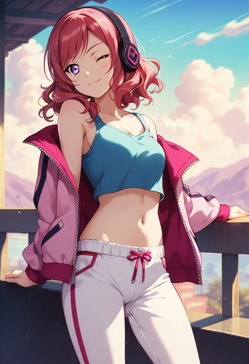 masterpiece, best quality, purple eyes. nishikino maki, (red medium hair:0.966), romantic , wavy hair,low white Pants,sky blue tank top ,pink crop jacket , navel, crotch visible , shoulder slip,wink, headphones, MP3