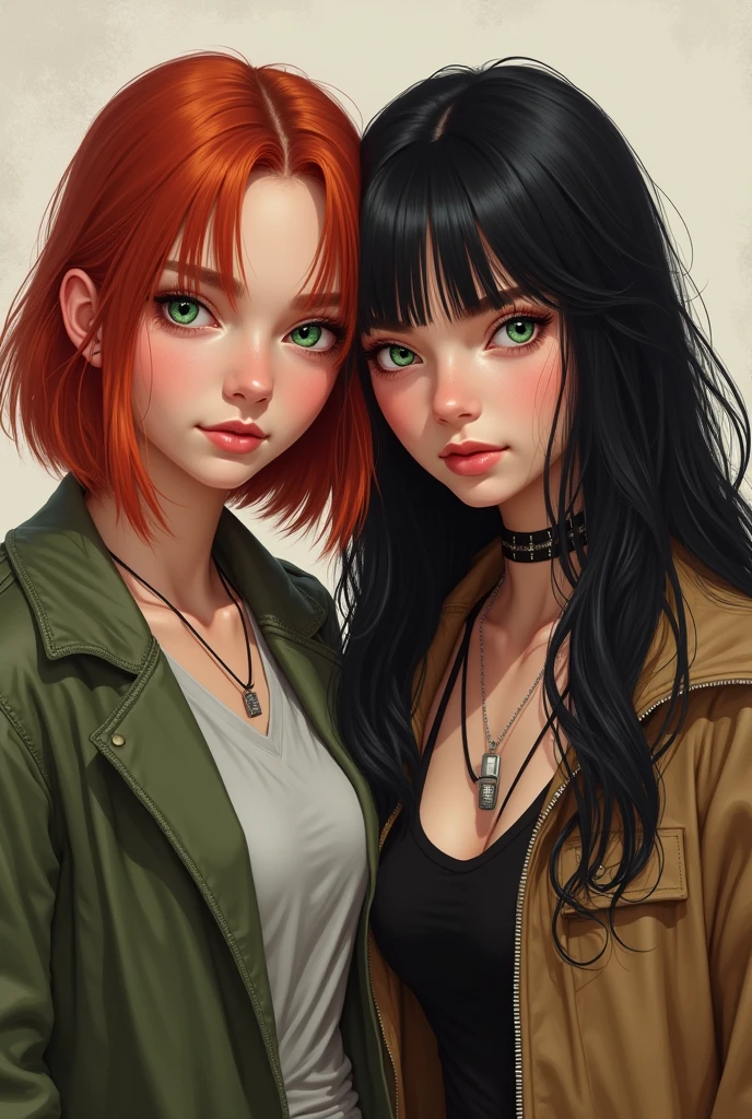 Make a redhead teenager with green eyes next to a black-haired teenager, with long hair both. Realistic style