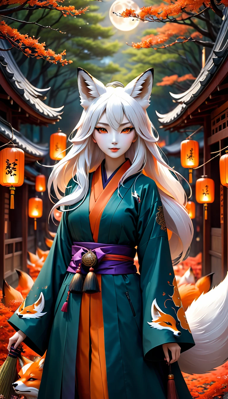 1 girl,alone,, official art, Harmony wallpaper 8K, very detailed, beautiful and aesthetic, beautiful, Masterpiece, best quality,, Kitsune Witch, Fox Mask, Haori Jacket, Foxfire Spell, Familiar fox, change,