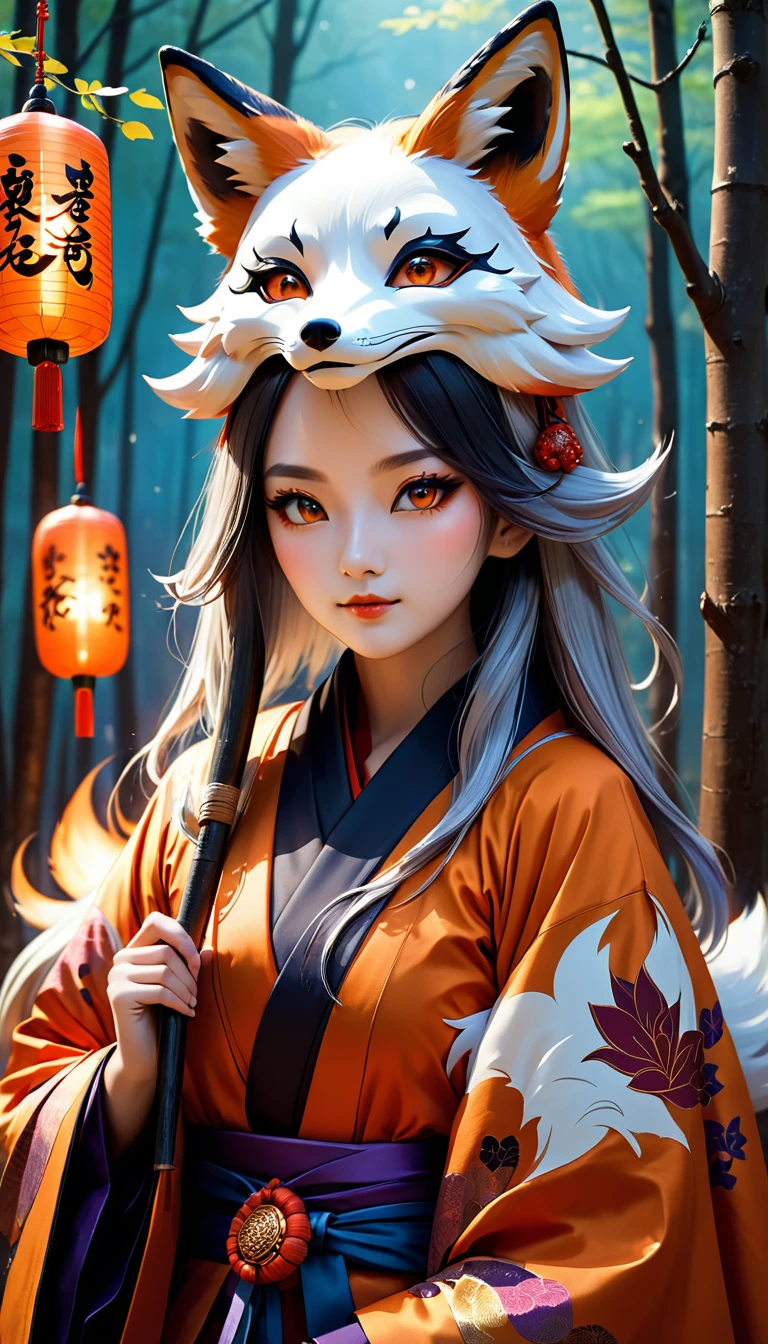 1 girl,alone,, official art, Harmony wallpaper 8K, very detailed, beautiful and aesthetic, beautiful, Masterpiece, best quality,, Kitsune Witch, Fox Mask, Haori Jacket, Foxfire Spell, Familiar fox, change,