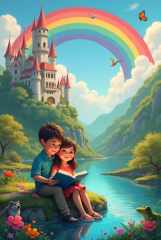 a boy with a girl reading a story, a rainbow, a castle, a butterfly, a wolf, flowers, a magical world, a lagoon, a toad