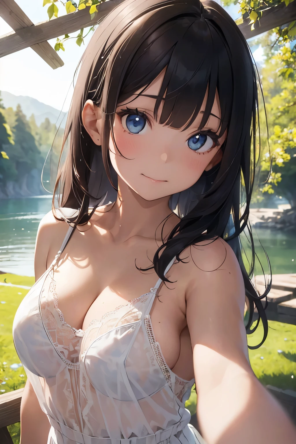 ((Top Quality)), ((Excellent)), (Details),nymph,((nymph)),, Black Hair,(Childish face),((Straight Hair)), shiny hair, 1 Girl ,((Moderate breasts)), ((Blue Eyes)),masterpiece, (half-smile), ultra realistic ,((Emphasize the cleavage)), Shoulder straps slip off, ((upper body)), ((extreme_close_up)),((Lace knitting White chemise)), ((See-through White chemise)) ,((Emphasize the cleavage)),((topless)) ,((naked)), , best quality, Natural Light, Straight Hair,((blunt bangs)), stunning environment ,vibrant colors ,((extreme_close_up)) ,overhead shot, ((extreme_close_up)) ,((Emphasize the cleavage)), solo, Straight Hair, hair ribbon, outdoors, (Grassland), lake, Flowers, white bow , upper body, blunt bangs ,((Lace knitting White chemise)), ((See-through)),