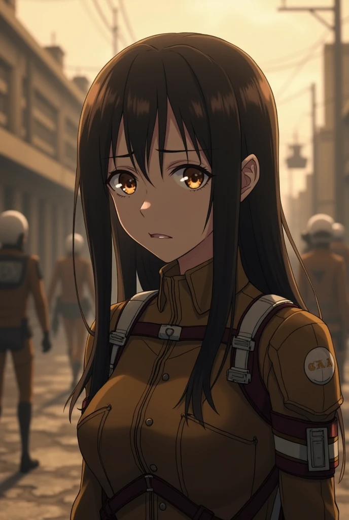 Attack on titan screencap of a female with dark brown straight long hair brown-yellowish eyes and with a tired expression. She is wearing season 4 odm gear. Season 4 mappa studios screencap
