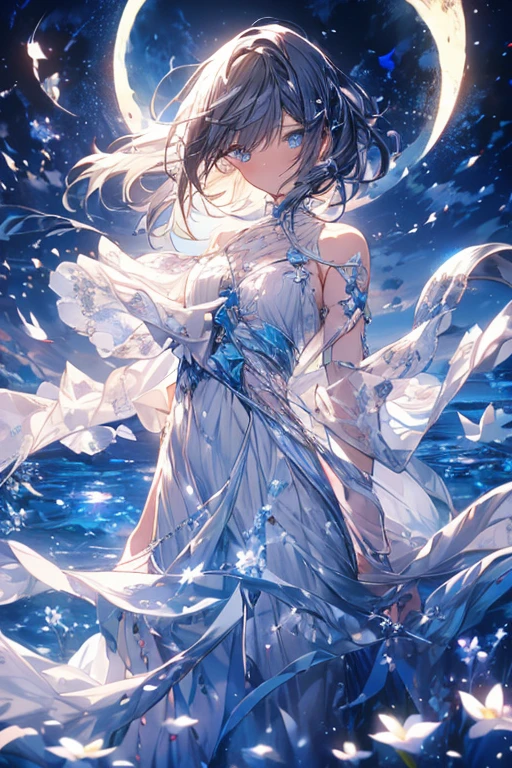 Masterpiece, (Best Quality: 1.2), (Super Fine: 1.2), Illustration, (Extremely Delicate and Beautiful: 1.2), Film Angle, Floating, (Beautiful Detail Eye: 1.1), (Detail Light: 1.1), Film Lights, Delicate Sky, Woman, White short Hair, Blue Eyes, Cloak, Glowing Eyes, (Moon: 1.2), (Moonlight: 1.1), Starry Sky, (Light Particles: 1.1), moon sky , blue painting, sketching, blooming